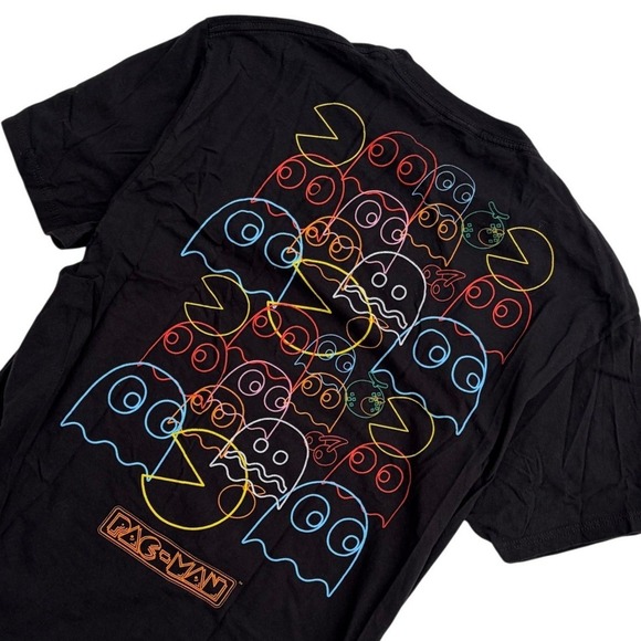 Pac-Man Mens Large Black Graphic T-Shirt Neon Ghost Print C-Life Group Cotton - Picture 1 of 7